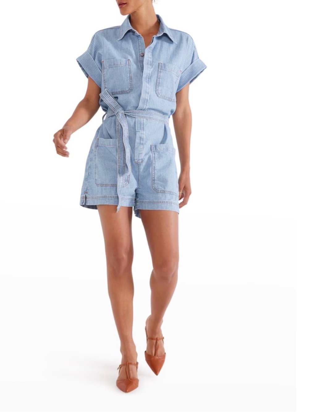 ÉTICA Adeya Pinstripe Denim Utility Romper Light Wash XS
